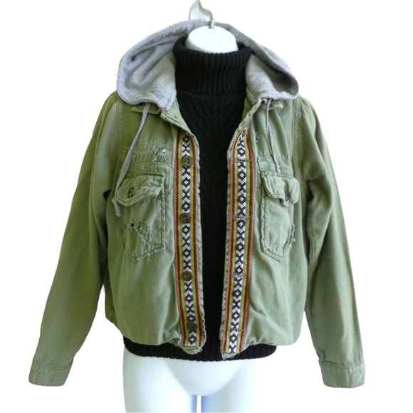 Free People Weekend Wanderer Green Jacket Knit Hood Military Western Tribal XS - Picture 3 of 6
